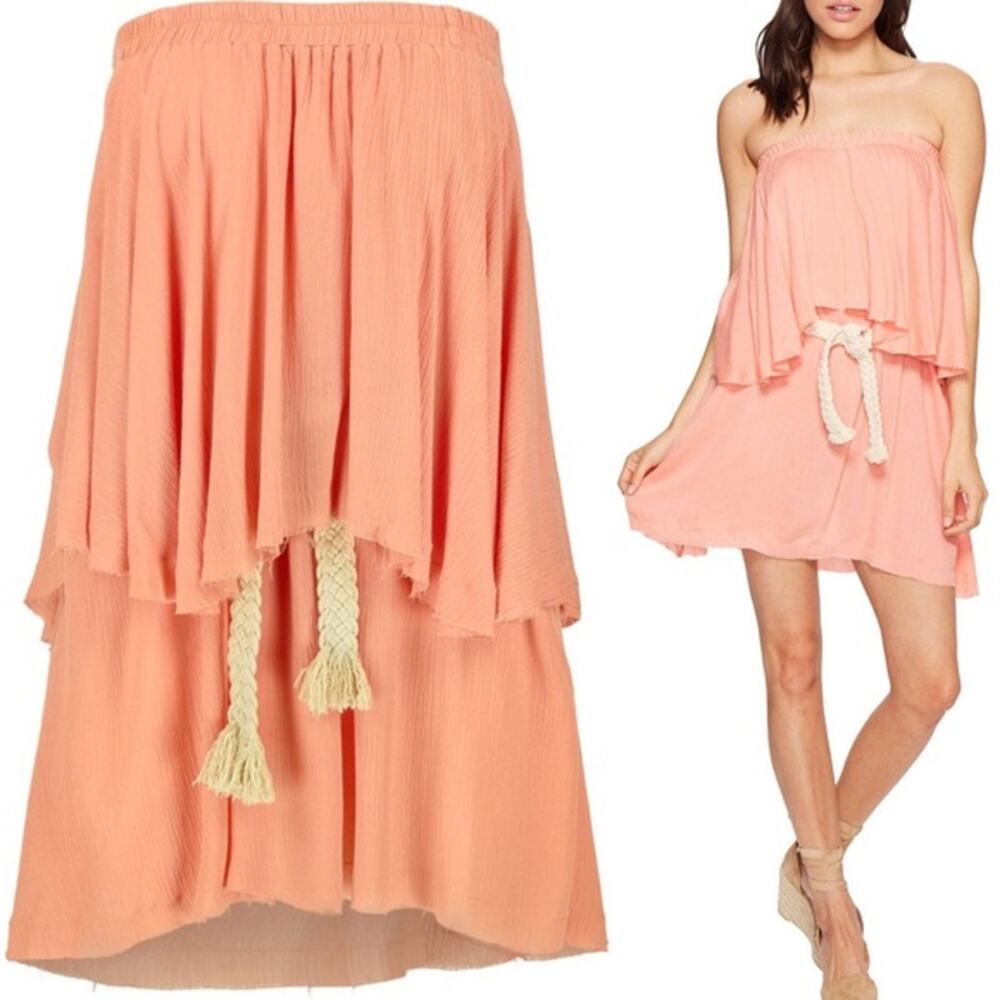 Bishop + Young Peach Coral Strapless Tiered Boho Mini Dress Raw Hem Women's M